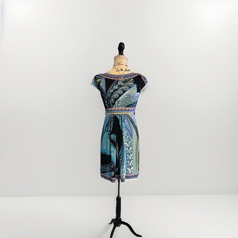 New York and Company Small Bold Multi Color Paisley Dress Stretch Blue Boat Neck - Picture 2 of 5